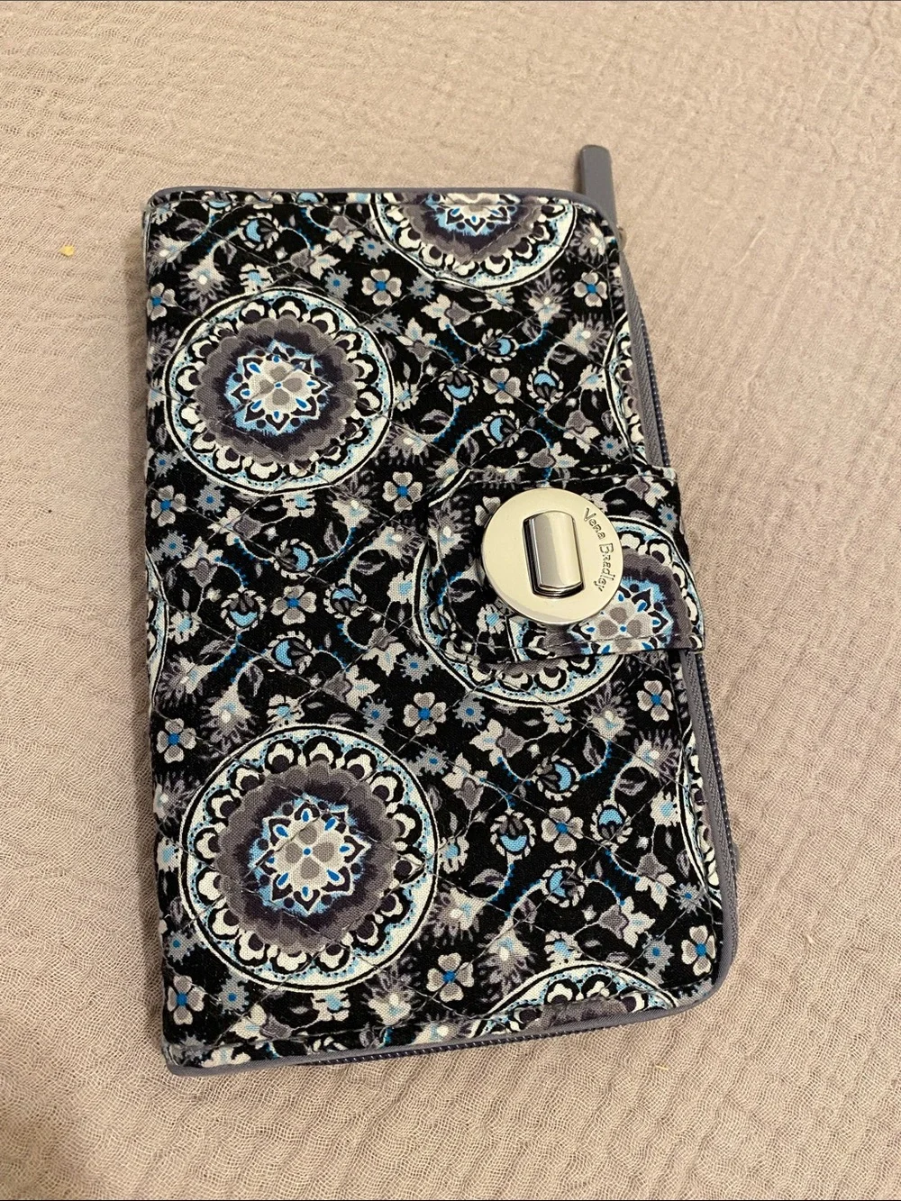 Vera Bradley Quilted Phone Wallet Case in Black, Blue, Gray Medallion Print.